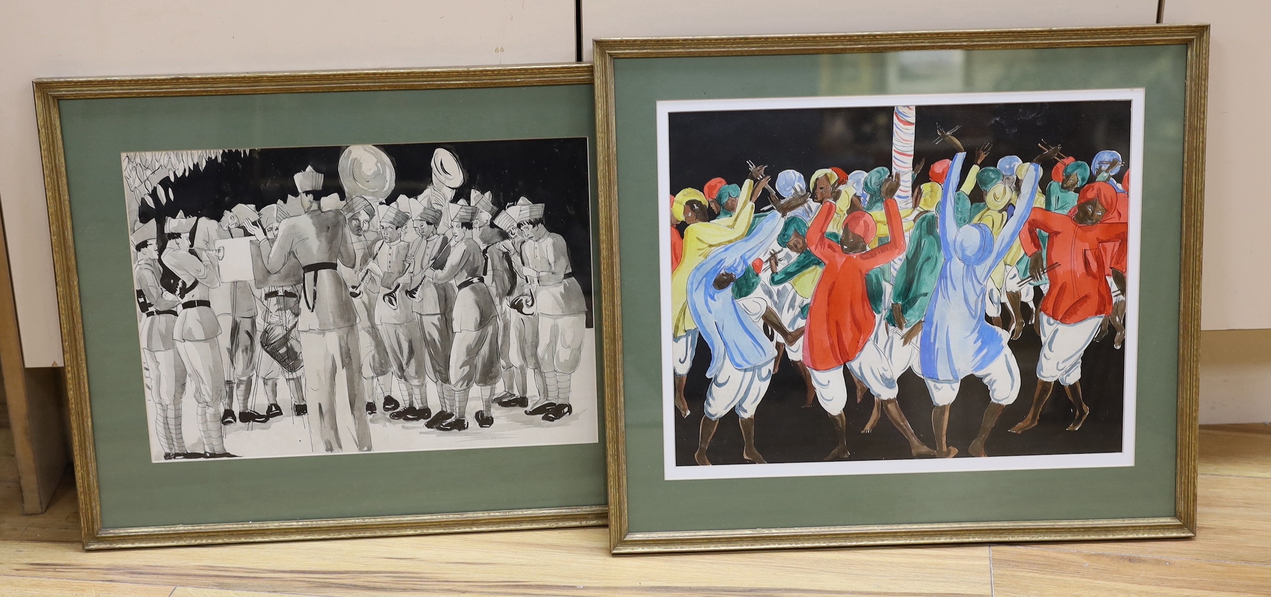 Violet Hilda Drummond (1911-1994), two ink and watercolour drawings, Indian troop musicians and Indian dancers, 28 x 39cm and 31 x 39cm